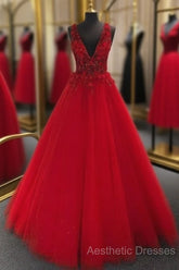V-Neck Tulle Long Evening Prom Dresses With Appliques And Beading,Evening Prom Dresses,Pageant Dresses